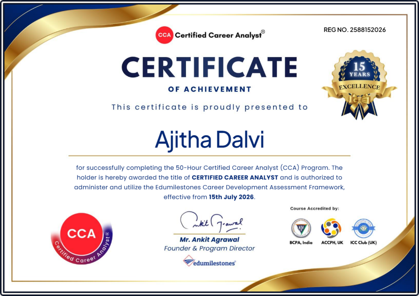 Certified Career Analyst certificate issued to Ajitha Dalvi