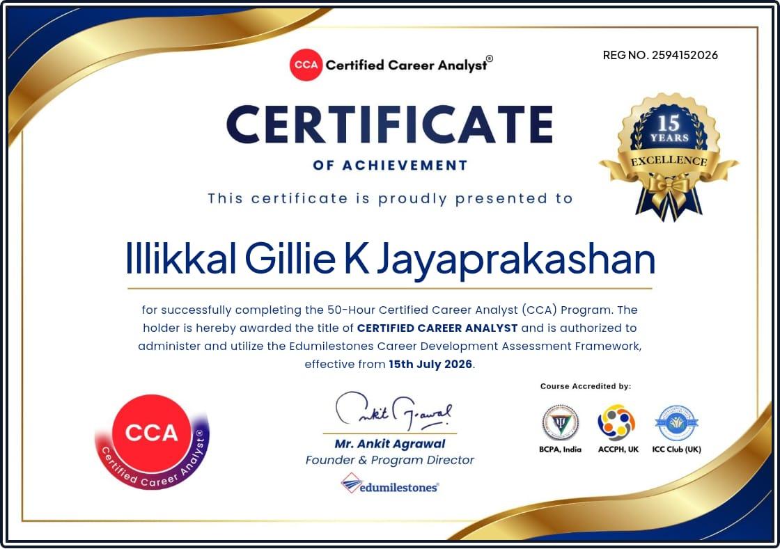 Certified Career Analyst certificate issued to Illikkal Gillie K. Jayaprakash