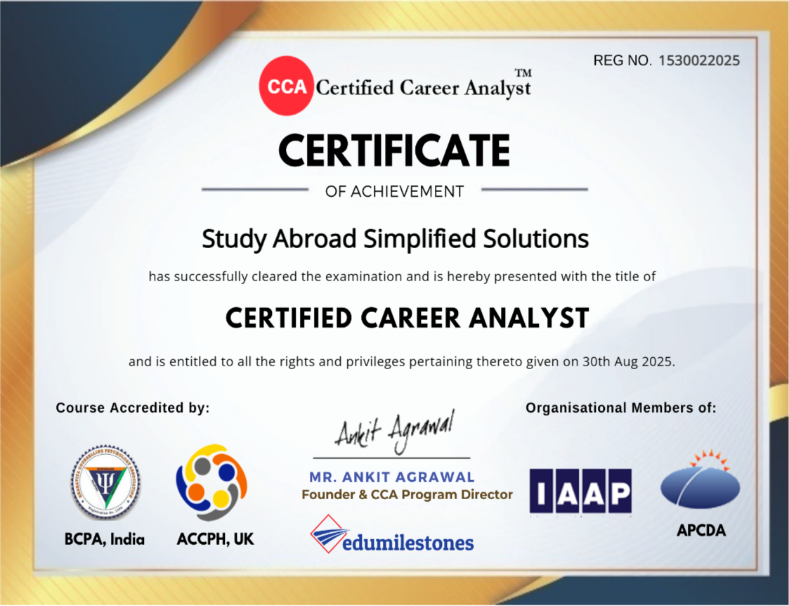 Certified Career Analyst certificate issued to Study Abroad Simplified Solutions