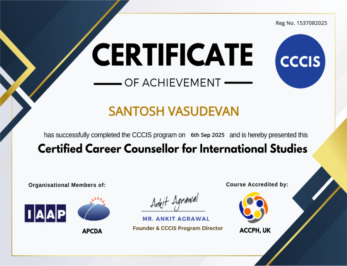 Certified Career Counsellor for International Studies certificate issued to Vasudevan Santosh