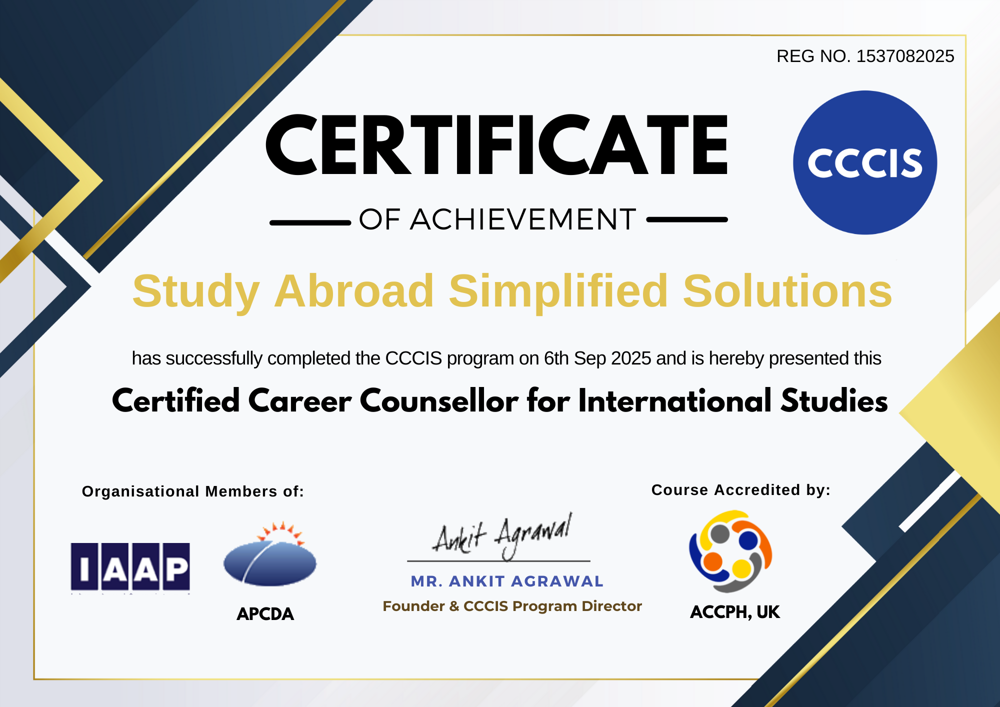 Certified Career Counsellor for International Studies certificate issued to Study Abroad Simplified Solutions