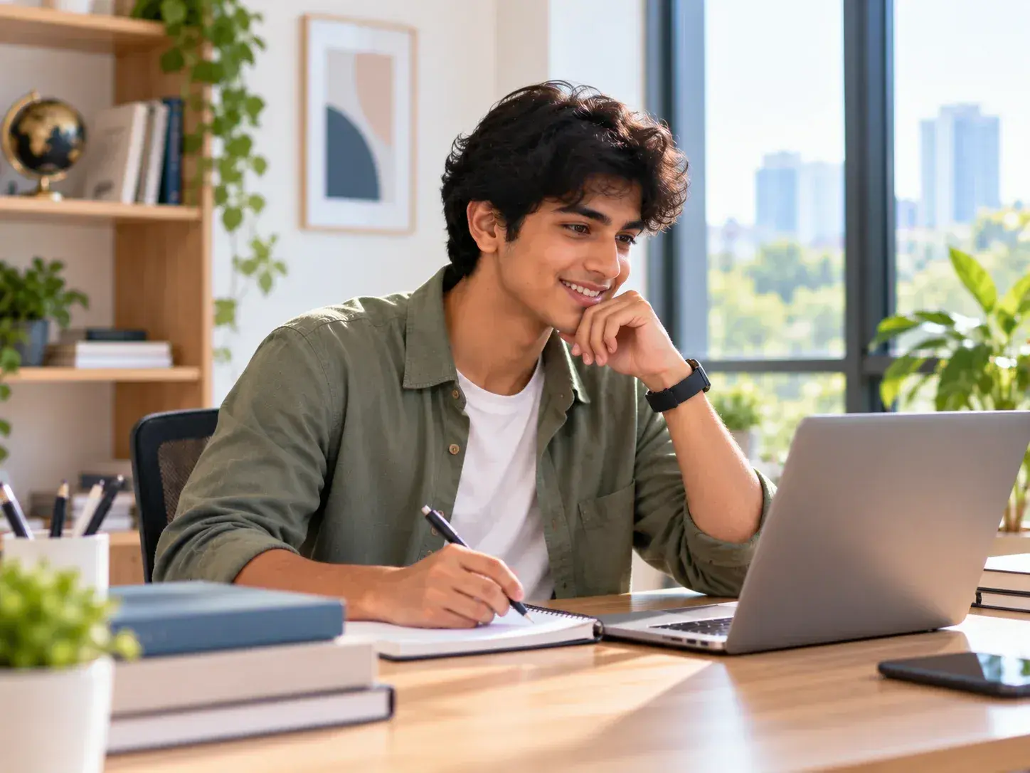 Young student exploring career options while working on a laptop and taking notes.