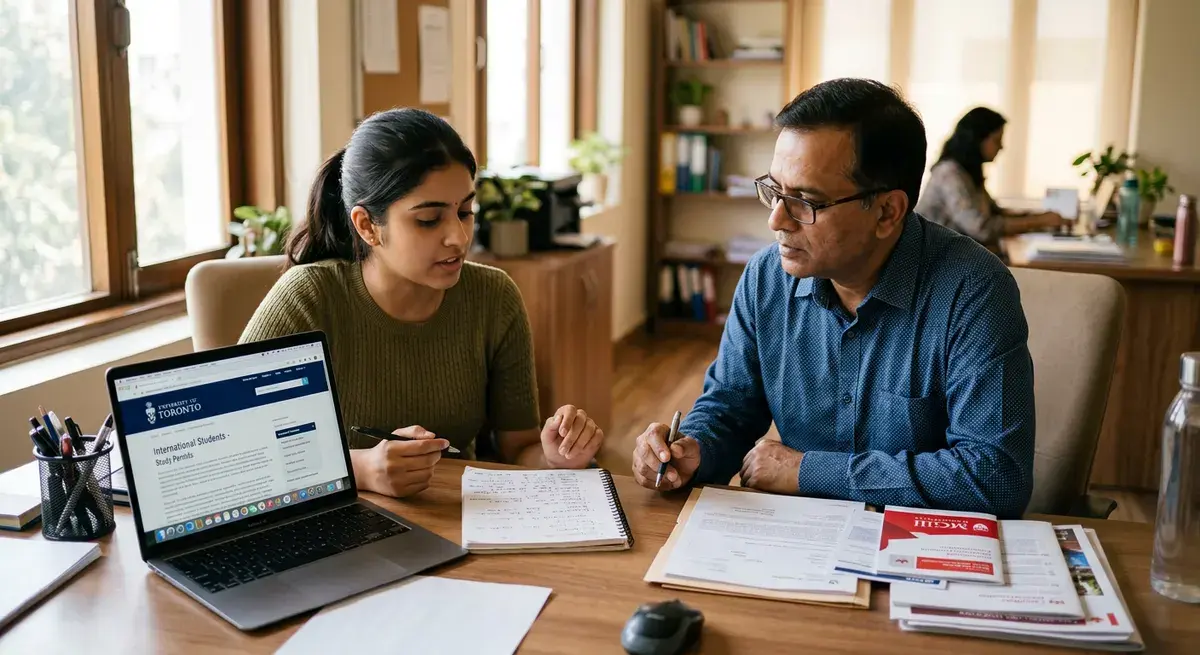 Indian student and parent reviewing Canada study permit and university options