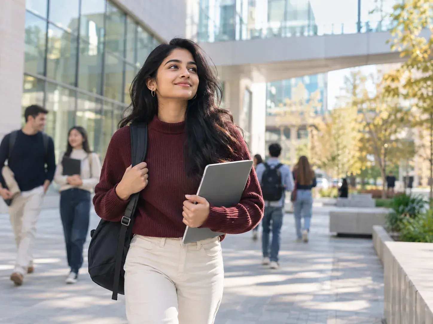 Young international student walking through a modern university campus with a backpack and tablet.