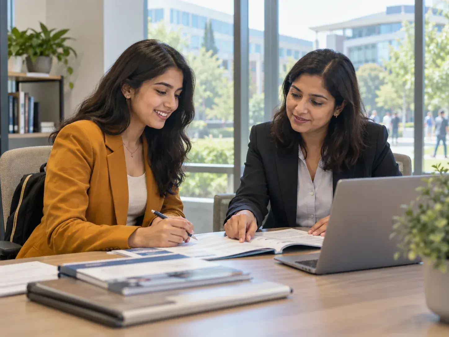Student reviewing international university admission options with an education adviser.