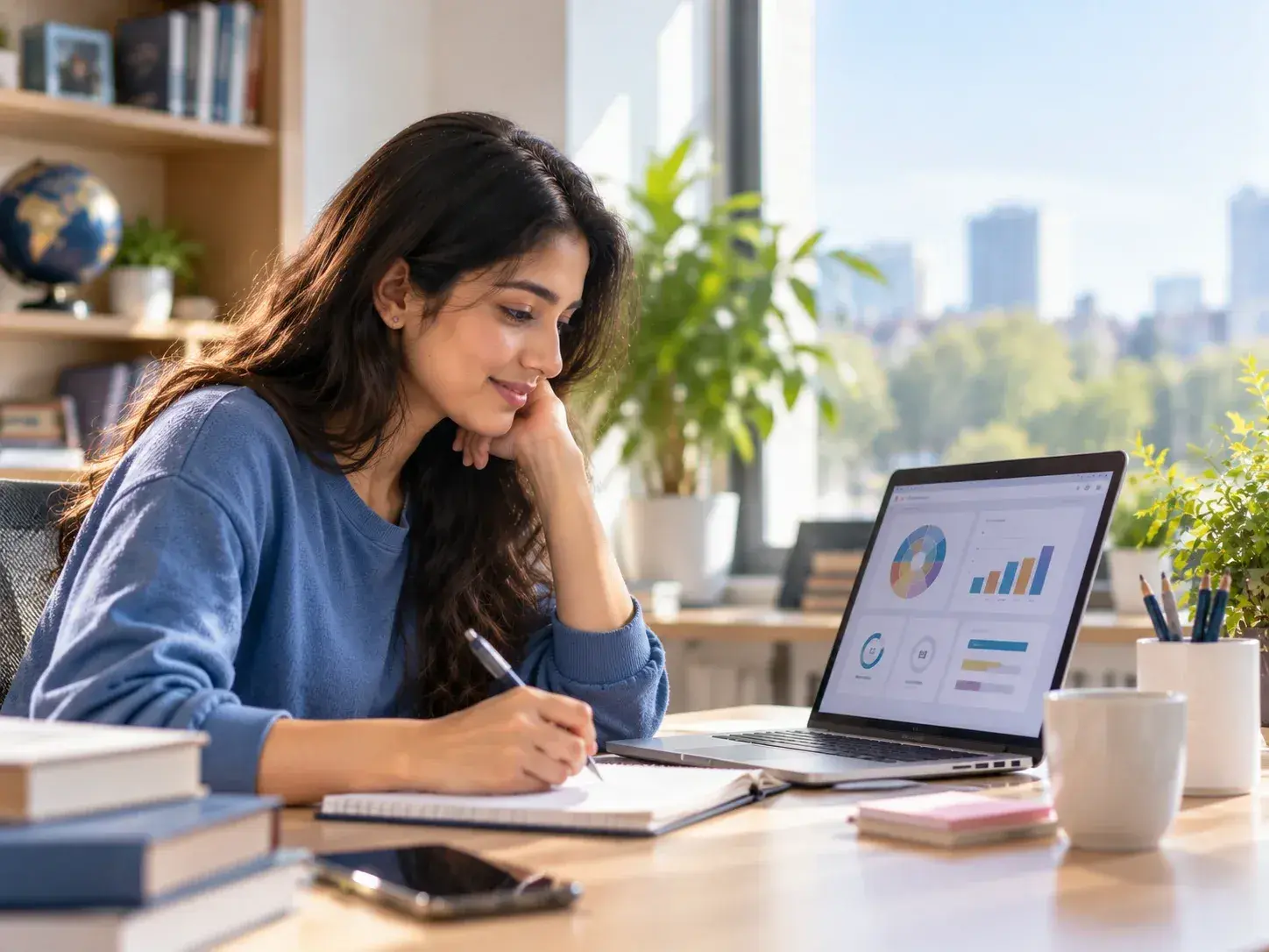 Young student reviewing a career assessment dashboard while taking notes.
