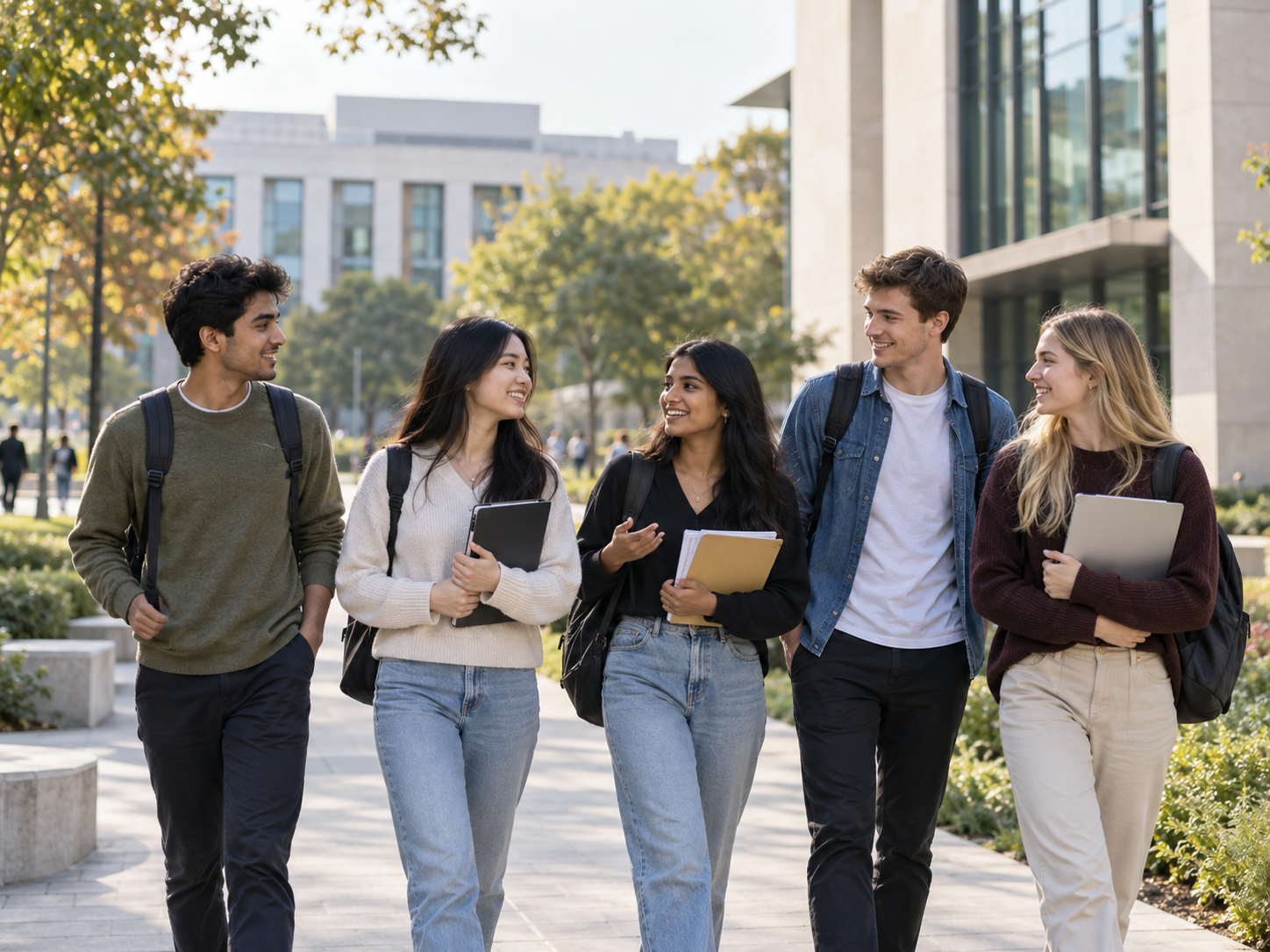 International students walking together on a modern university campus