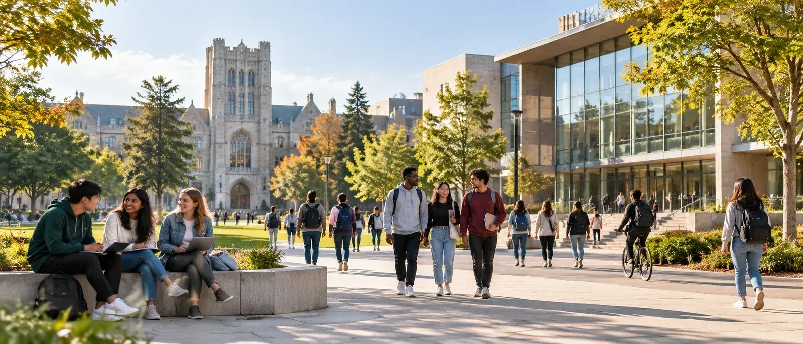 International students studying and walking across a vibrant university campus.
