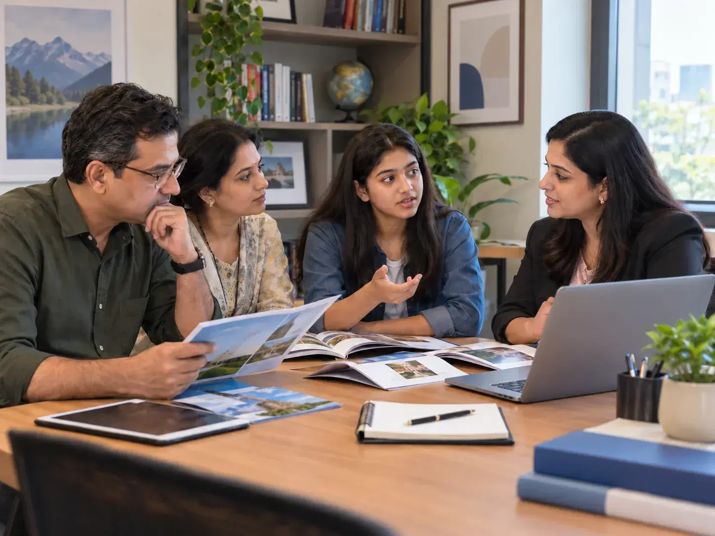 Indian student and family discussing international medical university options with an education counsellor