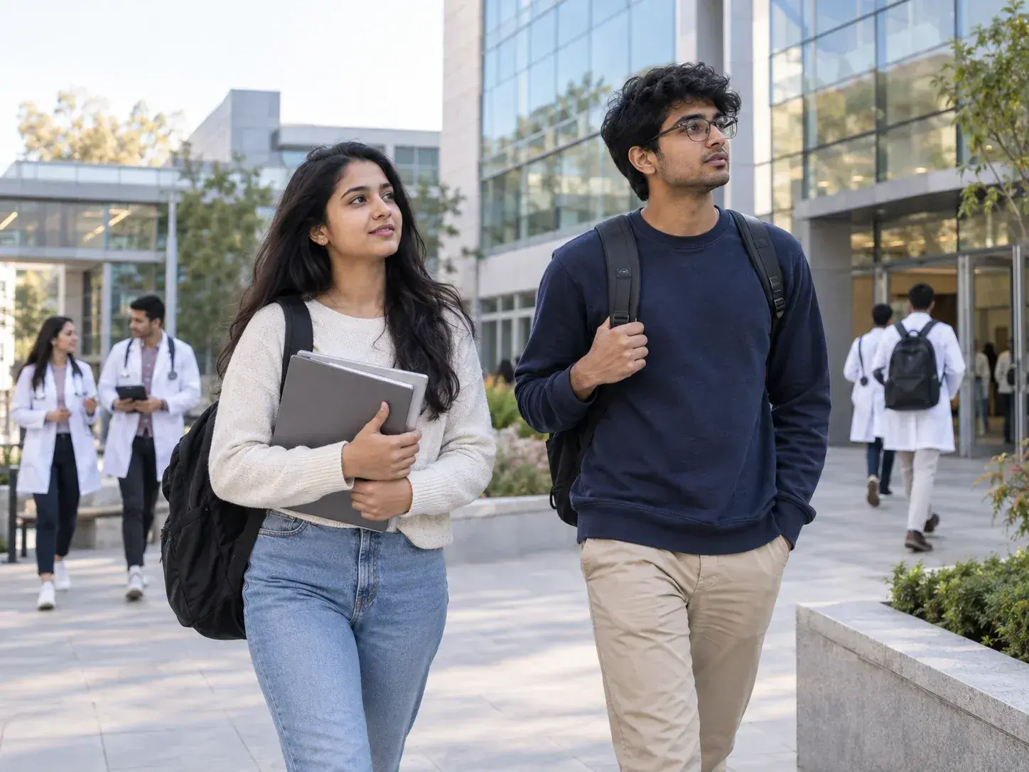 International medical college campus with students preparing for medical education