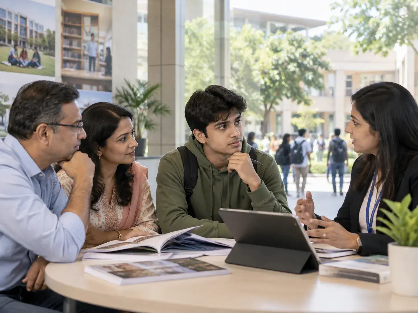 Indian student and family reviewing campus-based university options with an education adviser