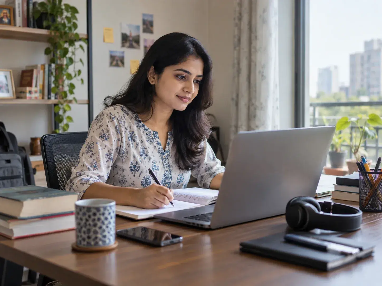Indian learner studying an online university programme in a flexible home learning environment