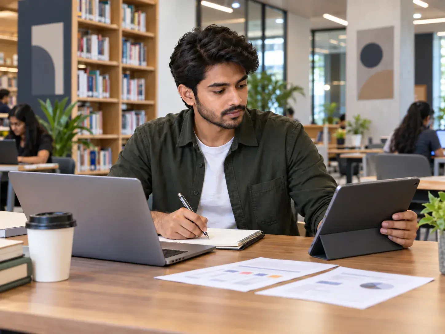 Indian learner comparing online university programme options using digital and written information