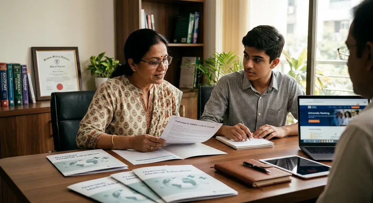 Indian student and parent discussing MBBS abroad options with a counsellor