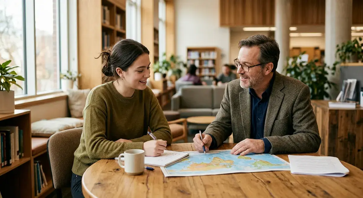 Student receiving study abroad guidance from an education professional