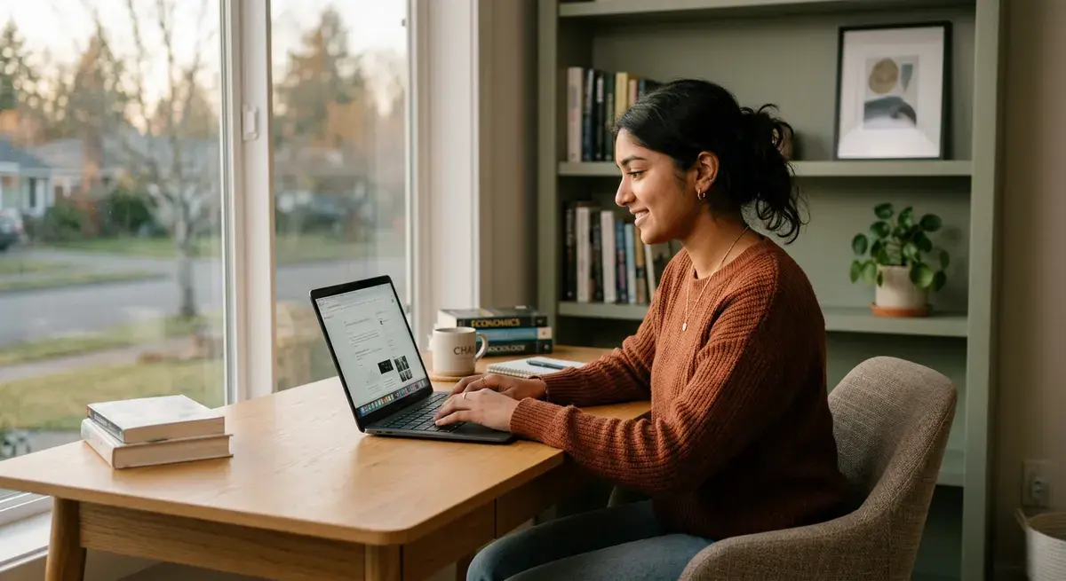 Indian student studying an online degree on a laptop at home